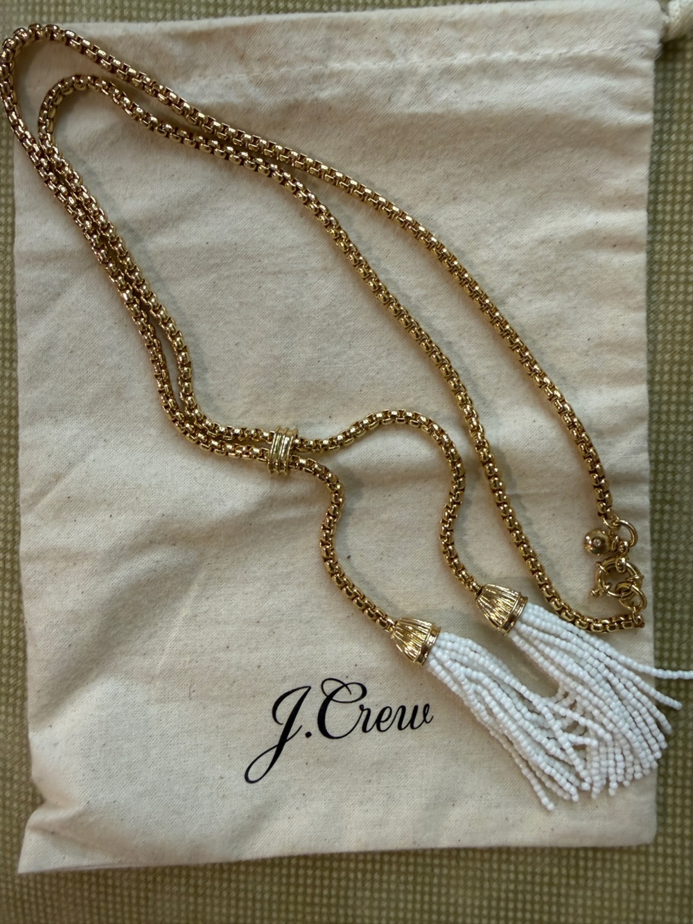 J. Crew Gold Chain Necklace with White Beaded Tassels